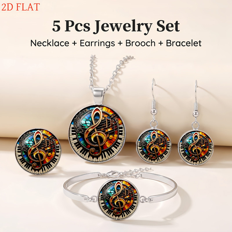 Women's 5pcs Music-Themed Necklace, Earrings, Brooch, Bracelet Set